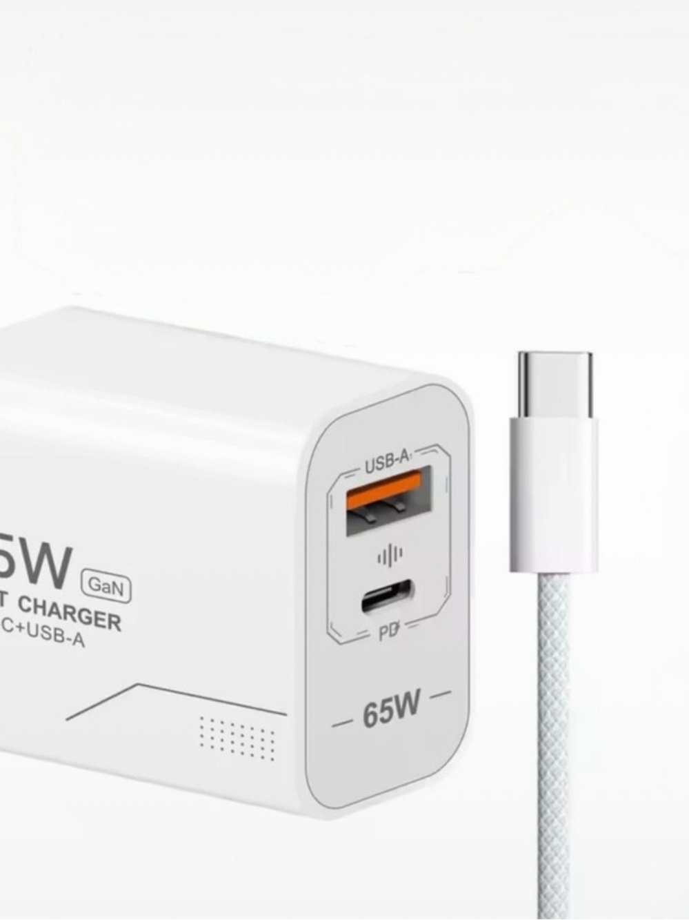 65W White USB-C PD & USB-A GaN Fast Charger with USB-C Cable